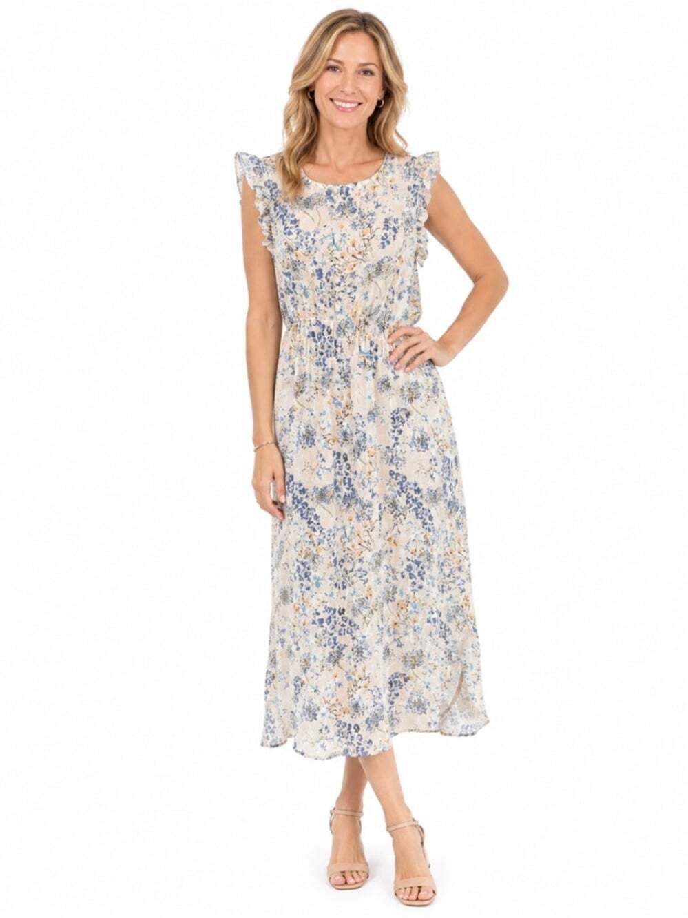 OntWelfth Women Sheer Floral Round Flutter Sleeve Maxi Dress Large